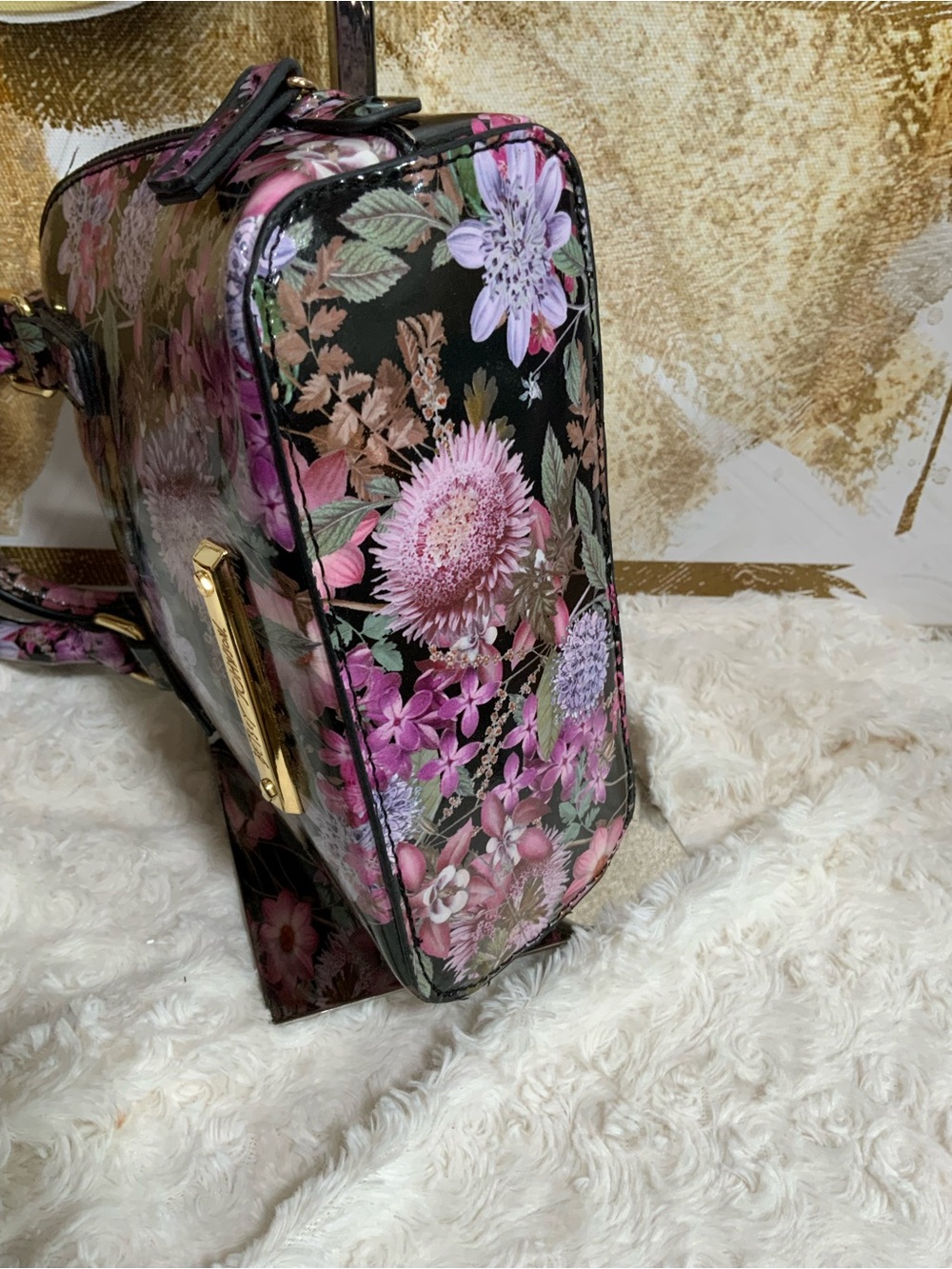 🩷Betsey Johnson Black Floral Dome Satchel with Pink & Purple Flowers - Picture 4 of 9